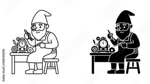 Fotografie Gnome Clockmaker Illustration: A charming gnome with a pointy hat and apron is meticulously crafting a clock, surrounded by gears and tools, depicted in both outline and silhouette style