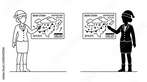Fotografie Weather Report with Festive Flair: Two figures, one in outline and one in silhouette, present a snow storm weather map while wearing Santa hats, conveying holiday cheer and meteorological information