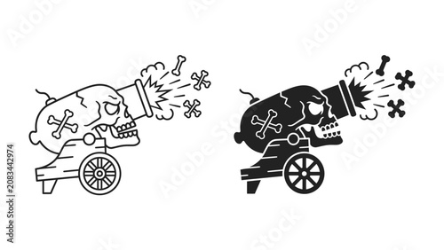 Tableau sur toile Skull Cannon Illustration: A skull-shaped cannon depicted in both outline and solid black, firing bones and explosive debris, evoking a pirate or spooky theme