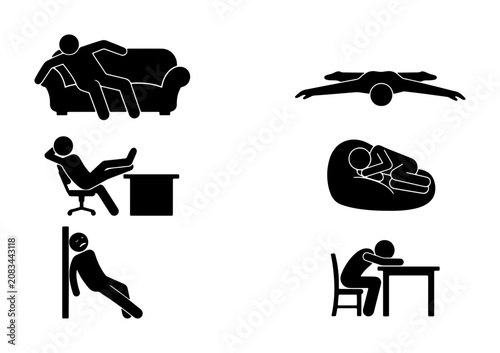 Foto Relaxation and Rest Poses, Stick Figure Icons Set: Couch, Desk Chair, Wall Lean,