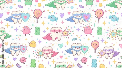 Colorful cartoon teeth, lollipops, gummy bears & sprinkles print