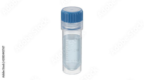 Medical lab test tube with blue cap and liquid.