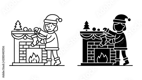Принти на полотні Christmas Eve Tradition: A child in a Santa hat hangs a stocking by a cozy fireplace, anticipating Christmas morning magic, embodying festive spirit and childhood wonder