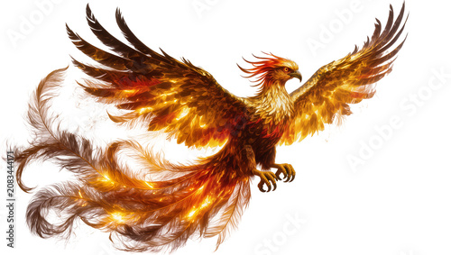 Obraz na plátně Fiery phoenix bird with glowing wings and long tail feathers