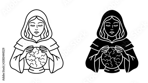 Schilderij op canvas Mystic Fortune Teller with Crystal Ball: A mysterious fortune teller, depicted in both outline and silhouette, gazes intently at a crackling crystal ball