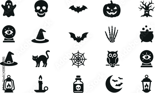 Halloween icon set containing spooky symbols and holiday elements with halloween, spiderweb