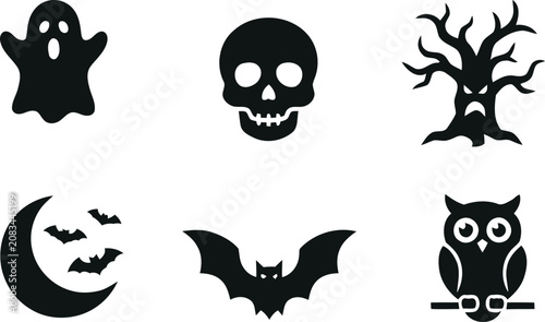 Set of halloween themed black vector icons featuring spooky ghost skull bat tree and crescent moon
