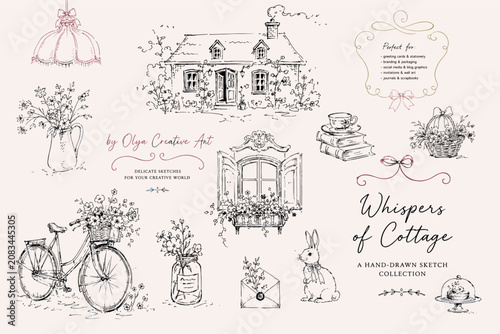 Whimsical Cottagecore Vintage Sketch Collection Romantic Hand Drawn Vector Illustrations with Cottage, Bicycle, Flowers, Rabbit and Decorative Elements