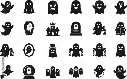 Various ghost character vector icon set for halloween featuring different expressions and poses