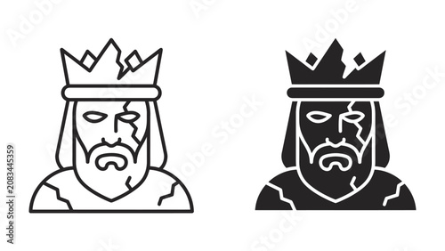 Canvas-taulu Coronation of Ruin: A king with a broken crown and cracked face, depicted in both outline and solid black, symbolizes fallen royalty and the erosion of power
