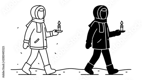 Fotografía Winter Vigil: A lone figure walks through a snowy landscape, holding a lit candle, embodying resilience and hope amidst the cold darkness