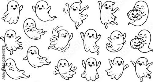 Set of cute ghost characters for halloween design doodle collection with halloween, character