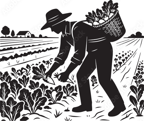 Farmer collecting harvest from field at sunset silhouette vintage style vector illustration.