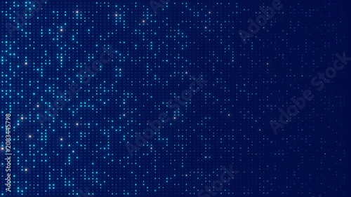 An abstract digital background features a dark blue gradient field adorned with a dynamic array of glowing blue square pixels. These vibrant data points create a modern, futuristic grid pattern that