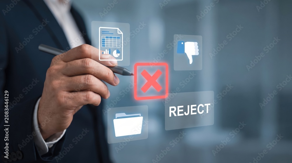 Obraz premium Corporate Data Audit Rejection: Business Compliance Review, Process Quality Control Metrics, Service Rating Evaluation, and Policy Enforcement Operation using Stylus with White Reject Sign Design