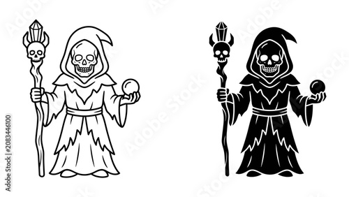 Cuadro en lienzo Grim Reaper Silhouette: A stylized representation of the Grim Reaper, adorned with a skull mask, flowing robes, and holding a crystal-topped staff and a sphere