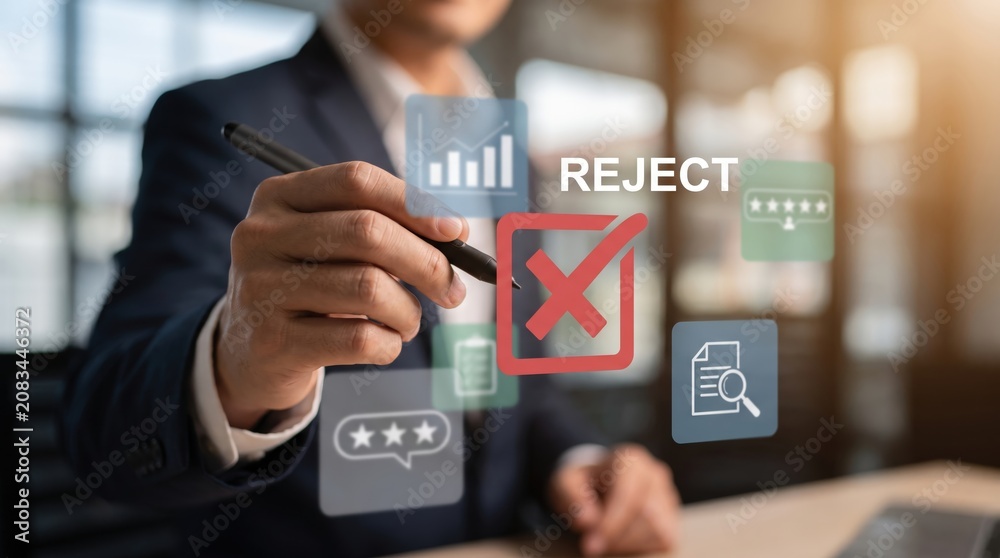 Obraz premium Corporate Data Audit Rejection: Business Compliance Review, Process Quality Control Metrics, Service Rating Evaluation, and Policy Enforcement Operation using Stylus with White Reject Sign Design