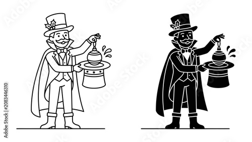 Bild auf Leinwand Magician's Illlusion: A charismatic magician in a tuxedo and top hat performs a captivating trick, pulling a magical orb from an inverted hat, showcasing skill and wonder