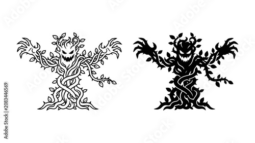 Obraz na plátně Scary Tree Monster Illustration: Two stylized illustrations of a menacing tree monster, one in black and white, the other in silhouette, featuring thorny branches and a sinister grin