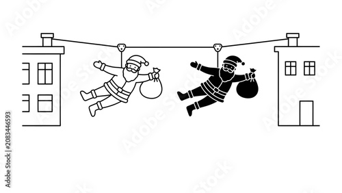 Schilderij op canvas Two Santa Claus figures, one black and white and the other colored in, descend from a wire stretched between two buildings, each carrying a gift bag