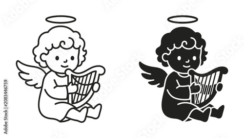 Foto Angel with Harp: A charming cherub, depicted in both outline and silhouette, plays a harp, symbolizing innocence and celestial music