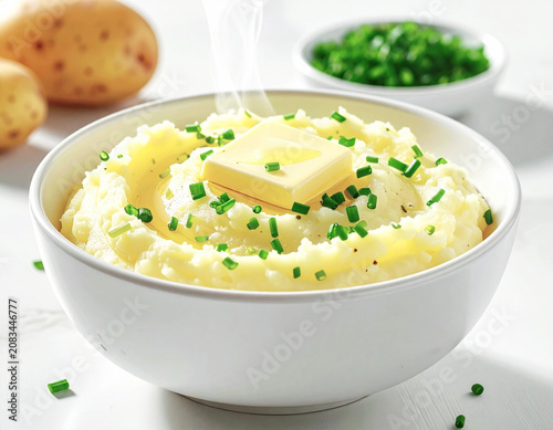 Creamy mashed potatoes with butter and chives in bowl. AI