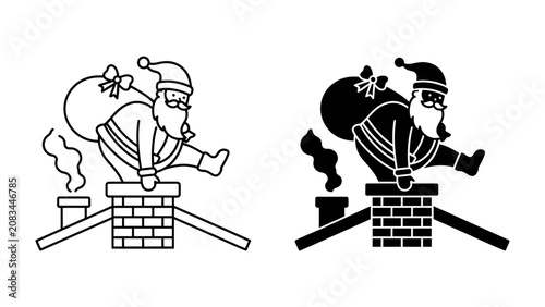 Konstfotografi Santa Claus descending Chimney: Festive illustration of Santa Claus with a sack of gifts sliding down a brick chimney, bringing holiday cheer
