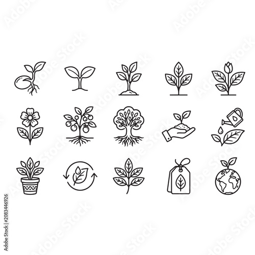 Plant eco Growth Line Icon Set   Leaves, Gardening and Nature,agriculture, ecology, sustainability Outline Symbols Black and White Vector Collection