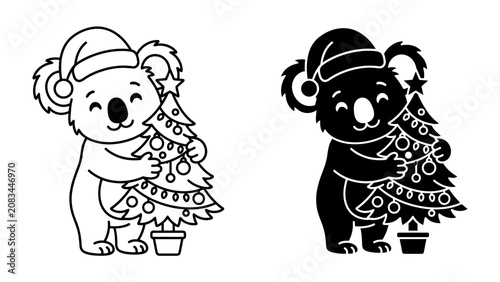 Photography Cute Koala with Christmas Tree: Adorable koala, dressed in a Santa hat, joyfully embraces a decorated Christmas tree, ready for the holiday festivities