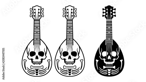 Skull Mandolin Duo with a Dark Melody: Three striking mandolins, each featuring a haunting skull and crossed bones inlay, stand as a unique musical ensemble.