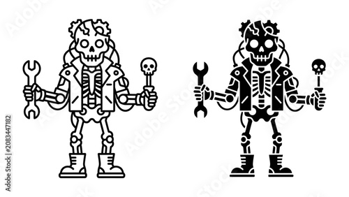 Obraz na plátně Skeleton Mechanic Duo: A pair of stylized skeleton characters, depicted in both outline and silhouette, ready for work with wrenches and tools