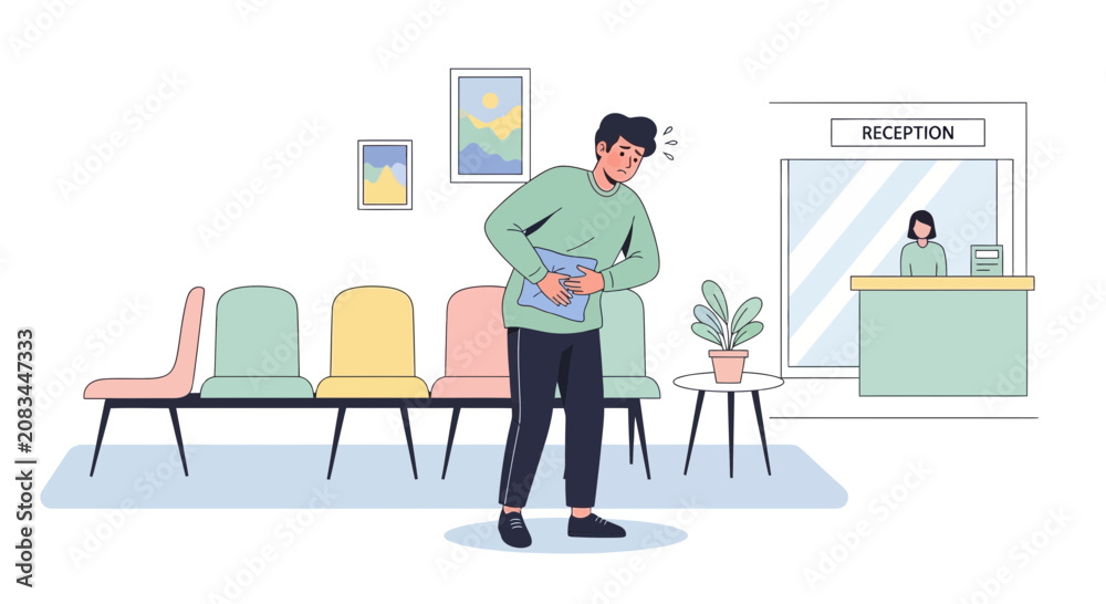 Fototapeta premium Patient Experiencing Abdominal Discomfort Waiting Patiently At Hospital Reception Area