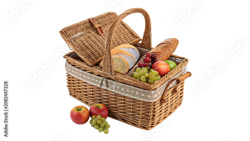 Bild auf Leinwand Wicker picnic basket filled with fresh apples and cloth isolated on a transparen