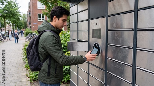 A young man with a backpack uses a smartphone to open a secure parcel locker on a city street, demonstrating modern convenience.