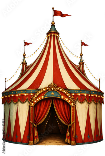 Vintage Red And White Striped Circus Big Top Tent With Open Curtain Entrance On Transparent Background