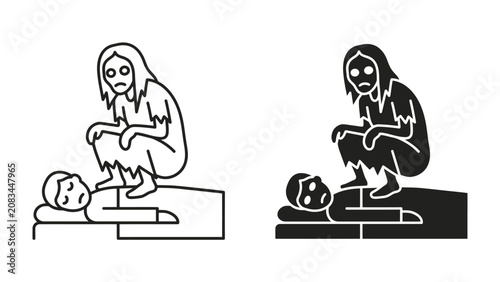Obraz na plátně Victim and Tormentor: A graphic illustration depicts a frightened individual lying down while another figure looms menacingly above, symbolizing oppression or dominance