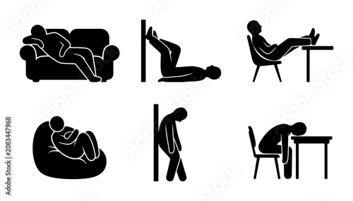 Foto Relaxation and Rest Icon Set, Human Figures in Leisure Poses, Vector Graphics fo