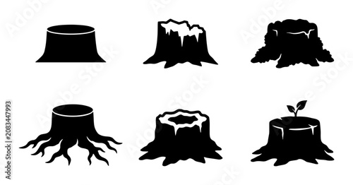 Tableau sur toile Vector Set of Six Diverse Tree Stump Silhouettes, Organic Wood Remnants, Forest
