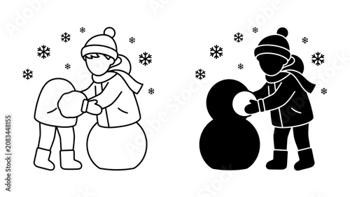 Winter Fun Duo: Two children, one in outline and the other in silhouette, joyfully build a snowman amidst falling snowflakes, capturing the spirit of winter play and childhood innocence.