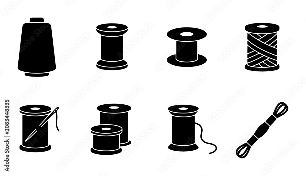 Photos Sewing Thread Spools Collection, Craft Supplies Icons, Needlework Elements, Text
