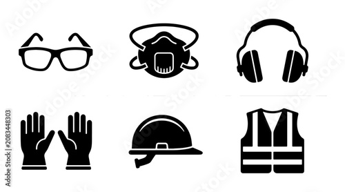 Fotografi Personal Protective Equipment Icons Set, Safety Gear Symbols, Hard Hat, Gloves,