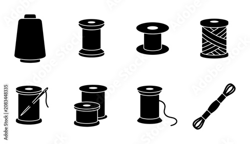 Photos Sewing Thread Spools Collection, Craft Supplies Icons, Needlework Elements, Text