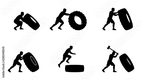 Obraz na plátně Fitness Training Silhouettes: Tire Flips, Jumps, and Hammer Swings for Strength