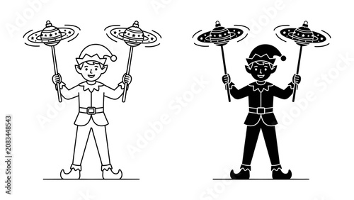 Elf Character Design: A cheerful cartoon elf character, depicted in both outline and silhouette, joyfully spins decorative plates atop long sticks, showcasing a festive and playful artistic concept.