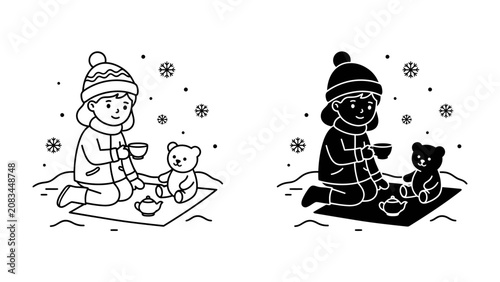Winter Tea Party Illustration: A charming illustration depicts a young child enjoying a whimsical winter tea party with a teddy bear, surrounded by snowflakes.