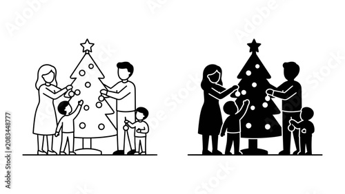Foto Christmas Tree Decoration: A heartwarming depiction of a family joyfully decorating a Christmas tree, spreading festive cheer and holiday spirit with ornaments and a star topper