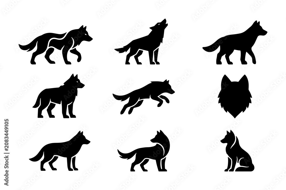 Obraz premium Wolf Silhouette Vector Icons Set, Wild Canine Animal Poses, Nature Wildlife Graphics, Hunting Predator Symbols, Tribal Spirit Art
