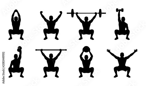 Foto Fitness Silhouette Icons: Weightlifting, Squatting, Dumbbell, Barbell, Kettlebel