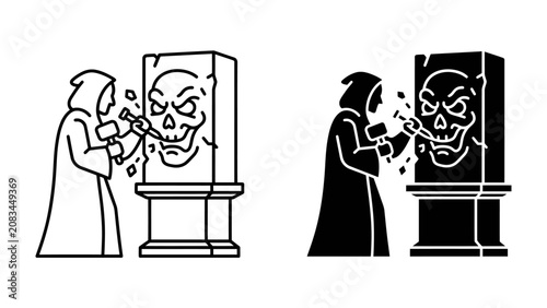 Canvastavla Sculptor of the Macabre: A cloaked figure meticulously carves a terrifying skull into a stone monument, wielding a hammer and chisel with focused intent