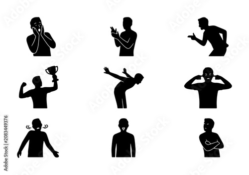 Foto Diverse Human Emotion Silhouettes, 9 Vector Icons Set: Anger, Joy, Shock, Frustr